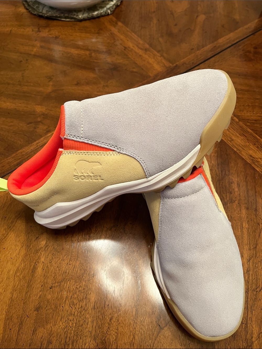 Sorel Slip-On Sneakers in Light Gray, Neon Orange & Pale Yellow